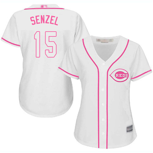 Reds #15 Nick Senzel White/Pink Fashion Women's Stitched MLB Jersey